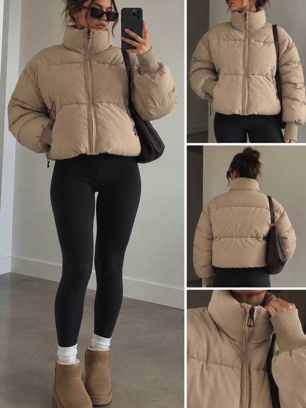 Beige Tan Oversized Thick ZIP UP Puffer Jacket - Women's Cropped Winter Coat XS